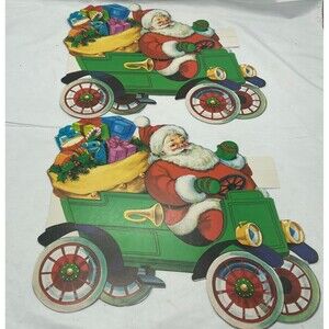 Vintage Eureka 2 Santa driving vintage car with toys die cut double sided New